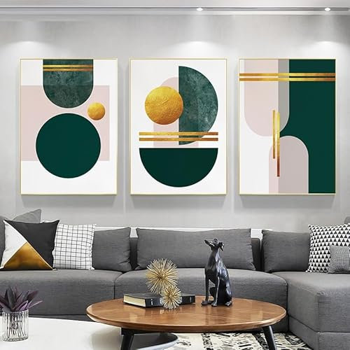 Ensemble de 3 Affiches D'Art Géométrique Vert Doré Forme Abstraite Montagne Soleil Peinture Impression sur Toile Mur Photo Murale Moderne Maison Chambre Décor-40*60Cm/16*24 Pouces (Sans Cadre)