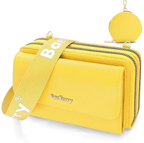 HNOOM Borse a Tracolla per Cellulare Portafoglio Donna Doppia Cerniera Lunga in Pelle PU Grande Capacità Mini Borsa Tracolla Donna con Portamonete e Tracolla Porta Cellulare Donna (Giallo)