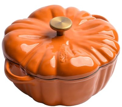 BURLOE Piatto da Forno di Zucca, Ghisa Smaltata di Casseruola A Forma di Zucca più Creativa nel Coperchio della Casseruola Rivestita Non Aderente.,1.85l