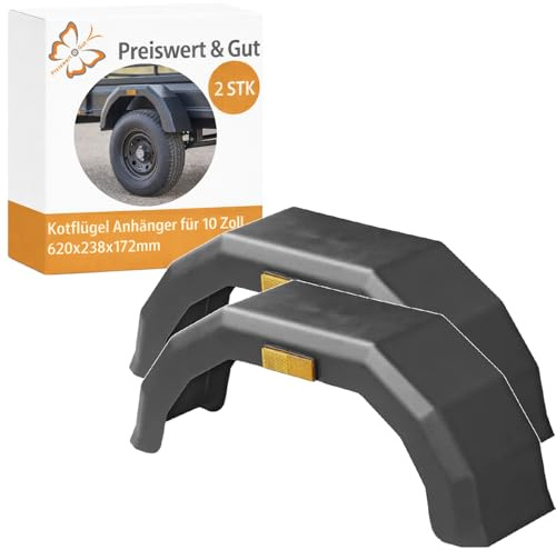 2 STK Kotflügel Anhänger 10 Zoll Kunststoff mit Reflektor 620 x 238 mm | Anhängerkotflügel und Schutzblech, elastisch, robust und UV-beständig, 172 mm breit für PKW Anhänger