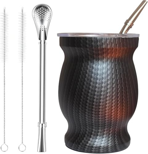 Beruth Yerba Mate Lot de tasses à thé en acier inoxydable avec couvercle multifonctionnel, deux pailles et brosses de nettoyage, isolation thermique, protection contre les brûlures (vagues d'eau)