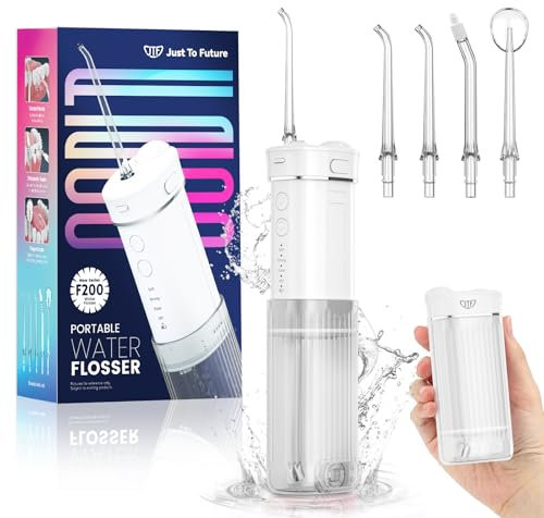 JTF Idropulsore Dentale Mini, Portatile Irrigatore Dentale Viaggio con 5 Ugelli Ricambio, 4 Modalità, IPX7 Impermeabile, 230 ML Erbatoio Dell'acqua Retrattile (Bianco)