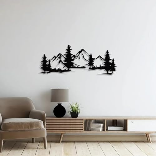 NORTH KAISER Väggkonst i metall | Berg skog silhuett väggdekor | stor väggskulptur för vardagsrum sovrum hem kontor (svart, 60 cm x 23 cm)