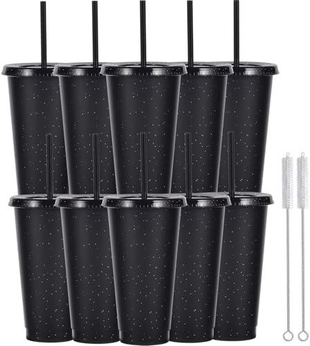 Yisituo 700 ml, wiederverwendbare Plastikbecher, 10er-Pack, Kaltgetränkebecher mit Deckel und Strohhalm, Reisebecher für Erwachsene, Party und Strand, Pool-Versammlungen (10, Glitter Schwarz)