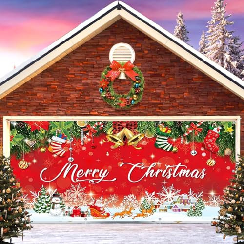 Grande toile de fond de 2,1 x 4,9 m pour porte de garage de Noël, Noël, extérieur, intérieur, hiver, Nouvel An, bannière à suspendre pour porte de garage