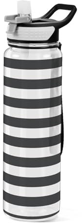 Mnsruu Transparente Sport-Wasserflasche mit Strohhalm, auslaufsichere Trinkflasche, schwarz-weiße Streifen, Fahrradflaschen für Sport, Büro, Schule, BPA-freier Tritan-Kunststoff, 1 Liter