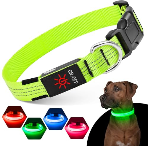 Suggifamy Leuchthalsband Hund Aufladbar – LED Hunde Leuchthalsband hundehalsband Leuchtend mit 3 Lichtmoden, Verstellbar, Sicherheit bei Nachtspaziergängen mit Reflektierstreifen(Grün L)