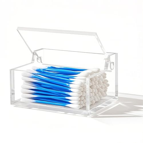 WORHE Q-Tip-Halter mit Deckel, Acryl-Wattebäusche- und Wattestäbchen-Organizer, Q-Tip-Spender für Schminktisch oder Arbeitsplatte,Make-up-Pads und Kosmetik-Aufbewahrungsbox(DP051)