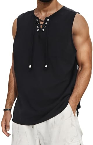 Ynport Crefreak Men's Vests Summer Cotton Linen Sleeveless Tank Top Beach Hippie Tops Casual Henley Shirt for Outdoor Holiday Travel, Black, XXL