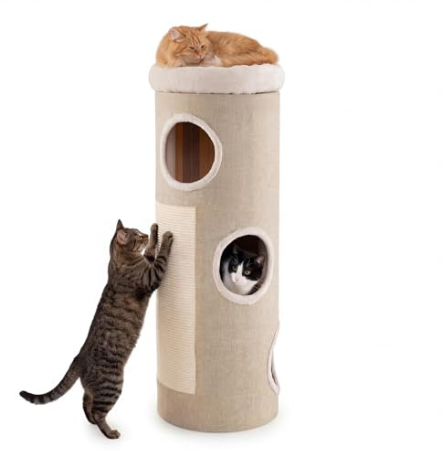GYMAX 3-stöckige Kratztonne,Katzentonne mit gepolsterter Aussichtsplattform, 2 Sisal Kratzbretter & 3 Eingänge, Katzenhaushöhle für Katzen, Katzenhaus für innen, Natur