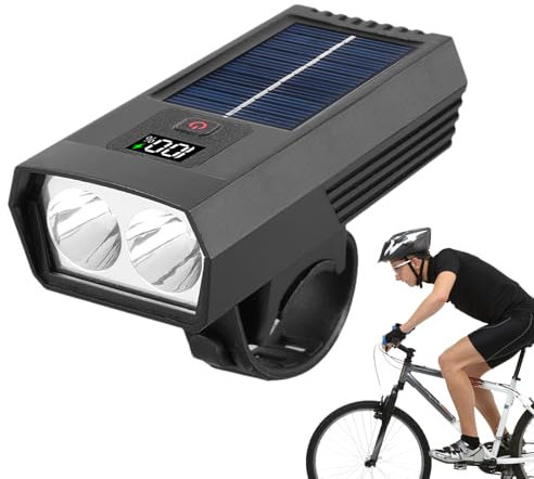 Luce Solare per Bicicletta Ricaricabile - Faro LED con Display Digitale e Batteria Integrata | Fanale Anteriore per Bici e Strada, Luce Notturna Impermeabile con Pannello Solare USB