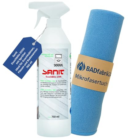 BADfabrik24 Sanit Duschblitz 2000 750 ml mit Sprüher – Badreiniger gegen Kalk & Seifenreste – silikonfrei & waschbar – inkl. Mikrofasertuch 40×40 cm (Art.-Nr. 3015)