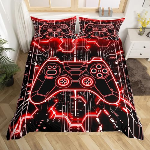 Loussiesd Gamer Rouge pour Enfants Housse de Couette 220x240cm, Jeux en Peigne d'miel Parure de Lit Garçons Filles Console de Jeu Moderne Literie Set Gamepad Adolescents Décor de Chambre Microfibre