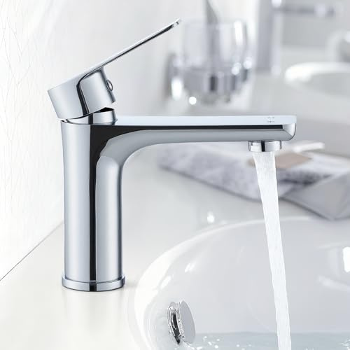 VONATES Bathroom Sink Tap Single Lever Mono Block Mixer Tap Water Saving Stainless Steel with Ceramic Valve for Cloakroom Washbasin Includes 60cm G1/2 Hoses