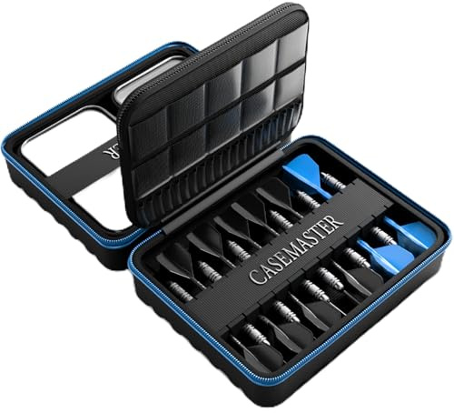 Casemaster Maxx 4 Dart Case, Holds 12 Steel Tip or Soft Tip Darts Fully Assembled, Hard Shell EVA Darts Case, 20 Accessory Pockets, Blue