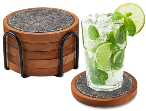 Wood Coasters Set of 5 with Holder, Wooden Felt Coasters for Glasses Drinkings Coffee Table Desk Round with Absorbent Pad Cup Coasters for Home Office Christmas Decor 4.15 Inch