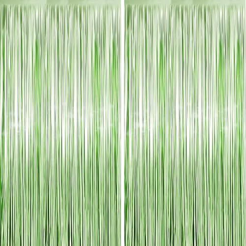 2pcs Green Tinsel Curtains, 3.2 x 6.5ft Foil Curtain Party Decorations, Glitter Backdrop Curtain Door Streamers for Halloween Christmas Dinosaurs Birthday Jungle Green Fairy Party Decorations Backdrop