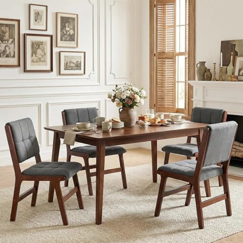 Ckaff Esszimmerstühle 4er Set, Küchenstühle aus Holz, Stuhl Esszimmer Wohnzimmer Polsterstuhl Armlehnstuhl mit Rückenlehne für Esszimmer Küche Wohnzimmer, Leinen, DunkelGrau