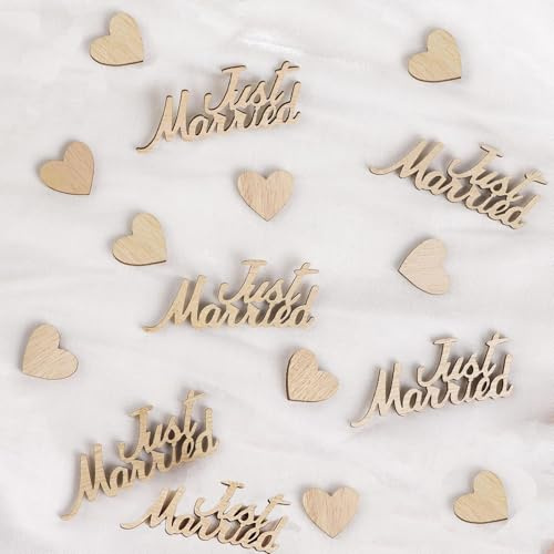 Just Married Decorations,Wedding Table Decoration,Just Married Party Confetti,Heart Confetti Decoration,- RETWOT 60Pcs Heart Wooden Table Confettis for Bridal Showers Engagements Rustic Wedding Decor
