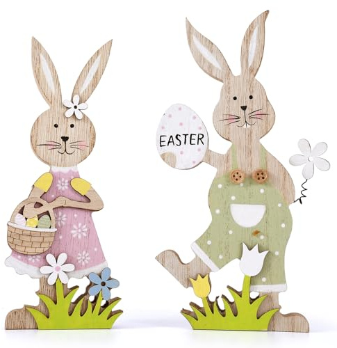 Easter Decorations Bunny Table Wooden Sign Decorations for Home, 2 Pcs Farmhouse Spring Rabbit with Easter sign Egg Ornaments for Tabletop tiered tray Shelf Mantel Yard Party Outdoor Indoor Decor