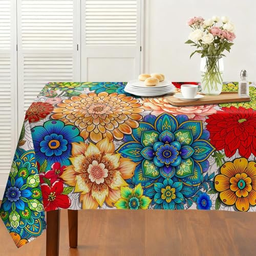 Boho Tablecloth Spring Colorful Floral Kitchen Table Decoration, Geometric Pattern for Picnic Tablecloths, Vintage Washable Seasonal Table Cover for Party Picnic Dinner Garden Decor 54x72 Inch
