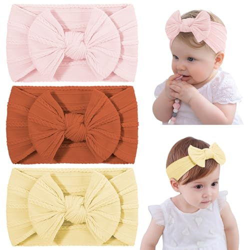 DiULi Pannband för flickor, 3 st rosetter elastisk nylon hårband för flickor, babypannband, mjukt sött huvudbonad för spädbarn (12-29-46)