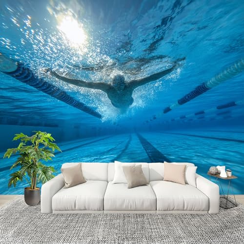 Adesivo Murale Bambini Cameretta Carta da Parati 300x210 cm Campione Di Nuoto 3D Muro Decor Autoadesivo Photo Carta da Parati Blu Fotomurali casa Adesivi Bimbo Bimba