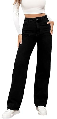 Stretch jeans för kvinnor hög midja rakt ben, lös passform denim jeans hög elasticitet raka tub denimbyxor knapp med dragkedja flugstängning palazzo byxor bekväma stretchiga jeggings, Svart, XXL