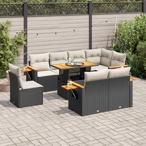 SKTQYQO Gartenmöbel-Set, 9-teilig, mit Kissen, schwarz, Polyrattan, Akazie, Gartenmöbel-Set für den Außenbereich, geeignet für Gärten