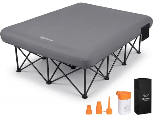 FUNDANGO Campingbett für 2 Personen mit elektrischer Pumpe, Luftmatratze mit klappbarem Gestell, tragbares Bett mit Getränkehalter & abnehmbarem Bezug, inkl. Tragetasche