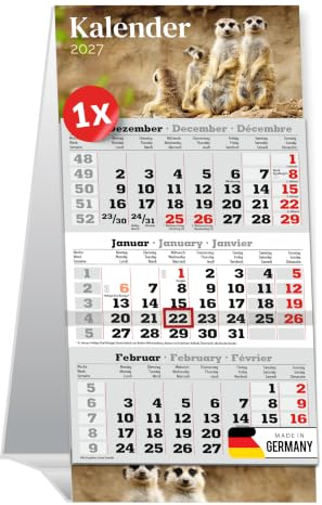 PRIMUS PRINT 1x Tischaufstellkalender 2027-3 Monatskalender zum Aufstellen | Tischkalender, Schreibtischkalender, Stehkalender - 95x194mm, 70g Naturpapier, Inklusive Datumsschieber [Motiv - Erdmännchen]