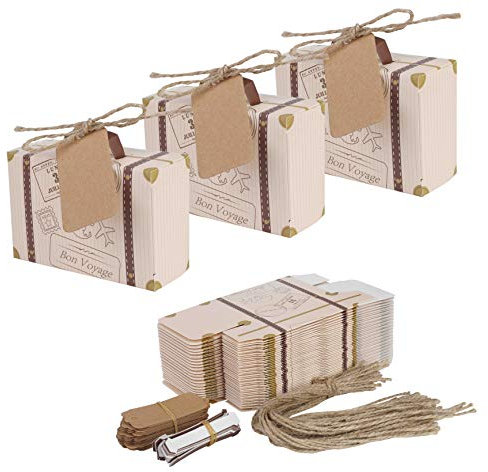 Mini-Koffer, 50 Stück, Partygeschenk, Süßigkeitenbox, Vintage-Kraftpapier mit Etiketten und Jute-Schnur für Hochzeit, Reisen, Motto-Party, Brautparty, Dekoration