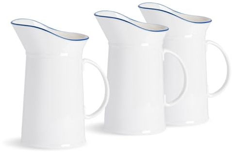 Nicola Spring Farmhouse 1 Litre Water Jugs - Pack of 3 White & Blue Porcelain Rustic Country Cottage Pitcher with Rolled Rims, Comfort Handle & Tapered Spout