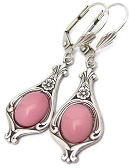 Art Nouveau Earrings Rose Art Glass Cabochons Boho Bohemian Dangle Drop Art Deco Antiqued Silver-tone Brass