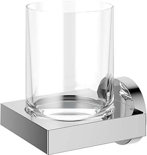 KEUCO Edition 90 Zahnputzbecher aus Glas mit Wandhalterung, verchromt | inkl. Schrauben und Dübel, Glashalter aus Metall zum Bohren