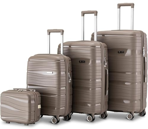 Skycases Travel One Kofferset 4-teilig – Champagner – Hartschalen Trolley-Set 32/60/98L, Zahlenschloss & 360° Rollen