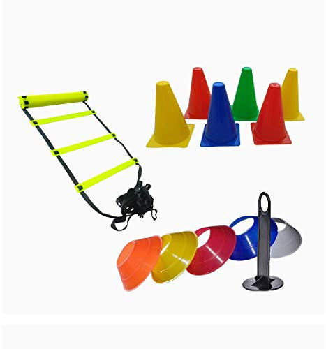 Kalindri Sports Koordinationsleiter, flach, verstellbar, 4 m, 10 Sprossen, 12 Markierungskegel 15,2 cm und 40 Untertassen, mehrfarbig