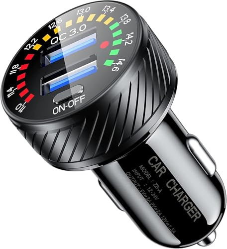 KEWIG Zigarettenanzünder USB Ladegerät, Dual QC3.0 Port Schneller USB Adapter Auto, 36W/3A Auto Ladegerät Kompatibel mit Buntem Voltmeter & Ein/Aus-Schalter Passend für Phone 12/11 Pro/Max, Galaxy S21 | Dual-USB-Schnellladung für das Auto mit buntem Voltmeter und An-/Aus-Schalter