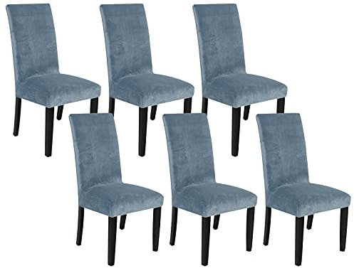 JHLD Stretch Stuhlhussen, Samt Stuhlbezug Weiche Stuhlhusse Beschützer Stuhlhussen Abnehmbare Waschbar Für Wohnzimmer Kinder-grau Blau-Satz von 6