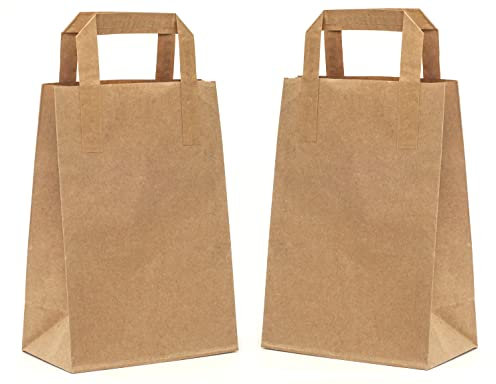 PAKNOR® 50stk Braun Papiertüten mit Henkel - 18 x 23 x 8,5 cm, Papiertragetasche mit Flachgriff, Geschenktüten, Kraftpapiertüte, DIY Adventskalender