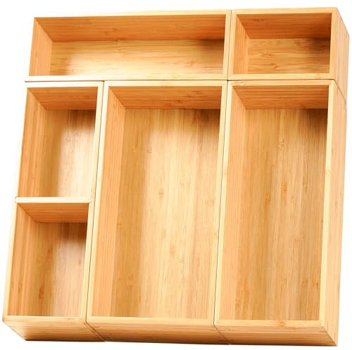 Umilife Drawer Organizer Storage Boxes, 2.5 High Bamboo Drawer Dividers, 5 Rearrangeable Bins for Kitchen, Office Desktop, Clothing, Makeup, vanity, Jewelry