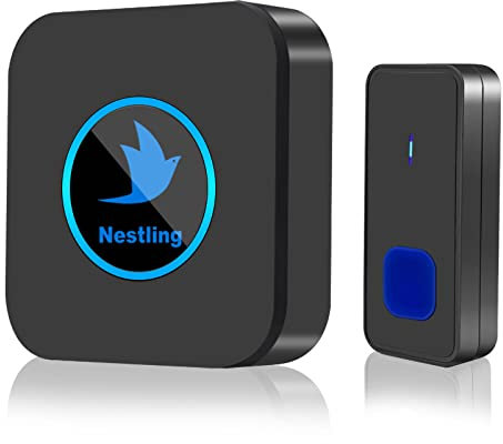 Nestling Wireless Doorbell, IP55 Waterproof Door Bells with 5 Level Volume 55 Chimes LED Flash, Cordless Plug in Battery Operated Chime Kit 1000ft Long Range Home School Office, black