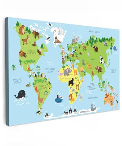 MuchoWow© Wandbilder Groß XXL Wohnzimmer Wanddeko Schlafzimmer Zimmerdeko | 120x80 cm - Fotowand Zimmer Deko Wand Dekoration Wall Art Leinwand Bild Weltkarte Kinder - Landkarte Welt - Tiere