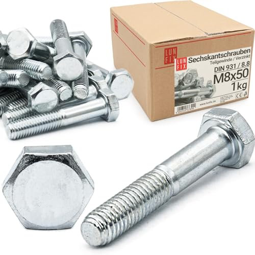 Sechskantschrauben M8 x 50 1 kg (ca.45 Stk.) DIN 931 Teilgewinde, Klasse 8.8,verzinkter Stahl Gewindeschrauben mit sechseckigem Kopf,6 Kant Maschinenschrauben mit Schaft,Teilgewindebolzen