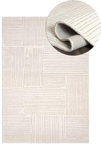 Mazovia Wollteppich - Natürliches Material Japandi, Handwebteppich Robust & Naturprodukt, für Wohnzimmer, Schlafzimmer, Esszimmer - Creme Beige - 120 x 170 cm