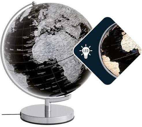 Globus mit 30 cm Durchmesser – STELLAR LIGHT – integrierte Beleuchtung – verchromter Metallfuß – bewegliche Achse – schwarz, silberfarben – TROIKA Original