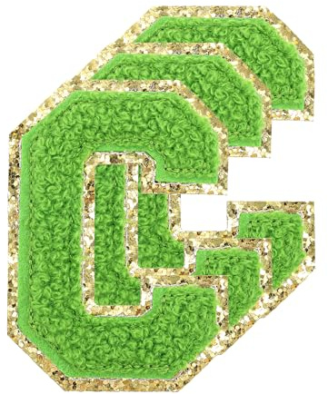 QUARKZMAN 3 Stück Buchstaben zum Aufbügeln, 80 mm Selbstklebende Chenille Buchstaben C mit Glitzer-Goldrand, Gestickter Patch zum Aufbügeln für Kleidung, Taschen, Hut, DIY (Grün)
