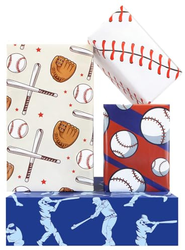 Baseball Geschenkpapier für Jungen, Mädchen, Kinder, 8 Bögen Baseball Sport Geschenkpapier, Baseball Thema Geschenkpapier, 50 x 70 cm pro Blatt, für Baseball Geburtstag Party, Babyparty