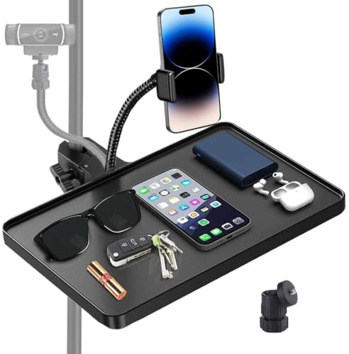 Tentucro Microphone Stand Tray with Phone Webcam Camera Holder, Clamp-On Music Stand Accessories Shelf Tripod Sound Card Rack Tray Holder for Stage, Broadcast, Live Streaming, Recording