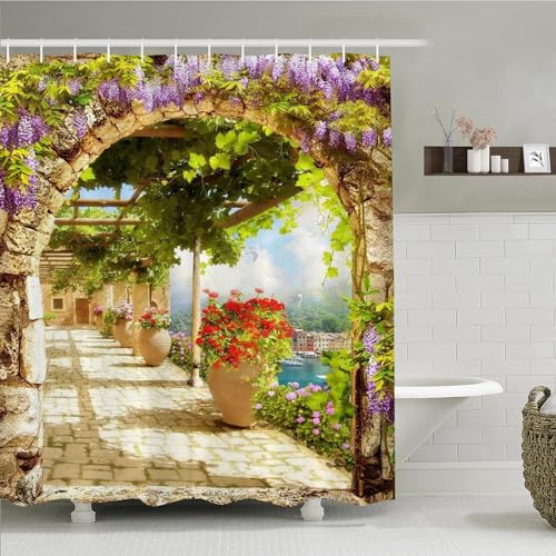 Simpomsy Garden Shower Curtain, Leaves Flowers Floral Anti Mould Waterproof Outdoor Curtains For Garden Mildew & Mould Resistant Polyester Fabric Bath Curtain With 12 Hooks 180x180cm